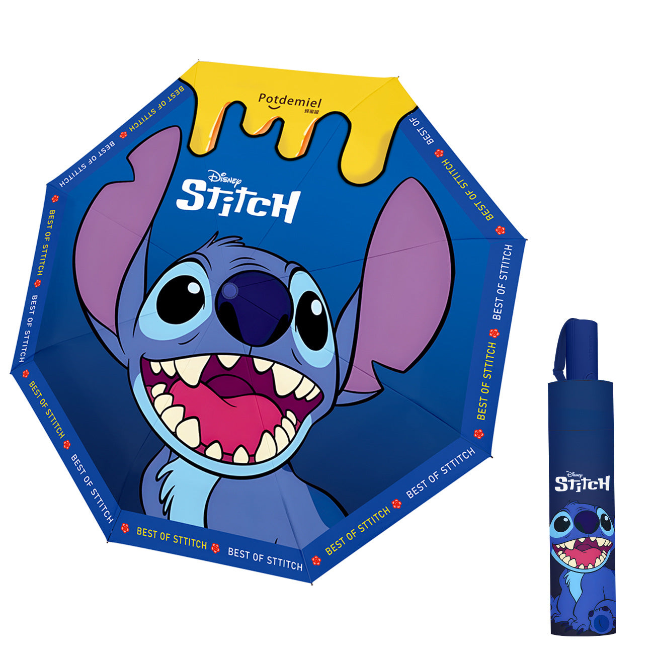 Disney Stitch Folding Auto Open-Close Rain-Sun Umbrella For Adult & Teen. UV Protection, Windproof. 8 Ribs, 21.6" Fiberglass Frame.Portable, Compact.