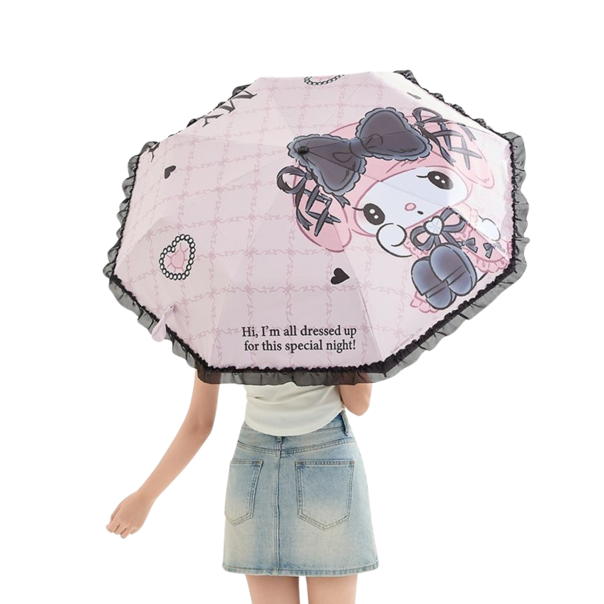Sanrio My Melody Kawaii  Telescopic Lace Trim – 3 Fold 21” Compact UV Protection Sun & Rain Umbrella 8 Fiberglass Ribs & Pinch-Free Safety Design