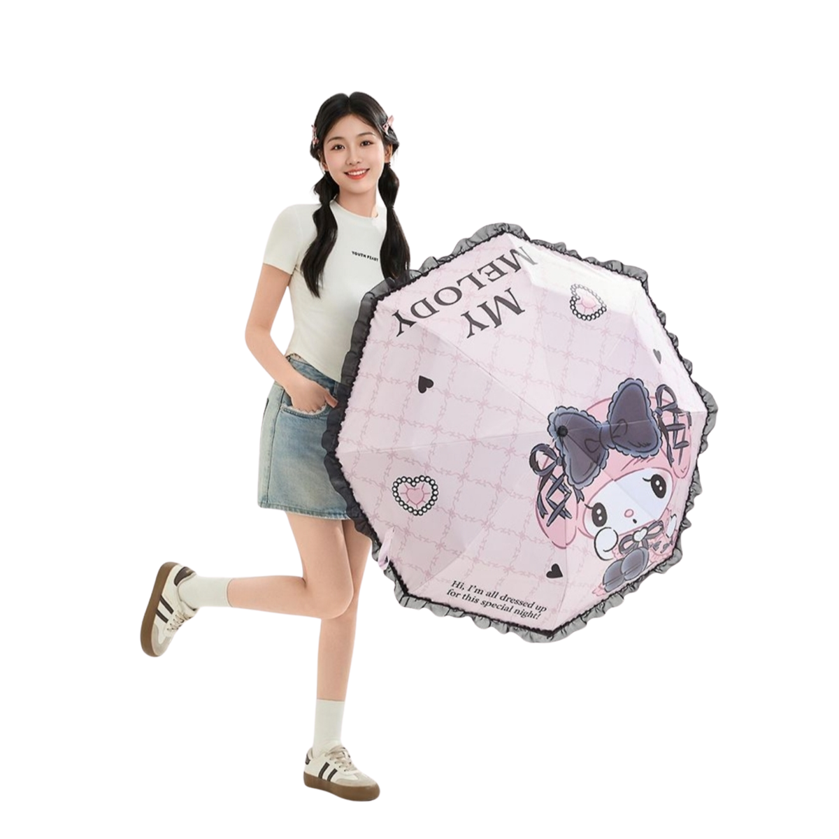 Sanrio My Melody Kawaii  Telescopic Lace Trim – 3 Fold 21” Compact UV Protection Sun & Rain Umbrella 8 Fiberglass Ribs & Pinch-Free Safety Design
