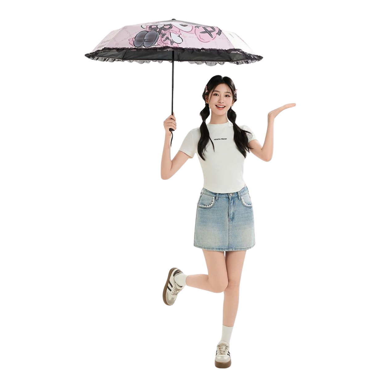 Sanrio My Melody Kawaii  Telescopic Lace Trim – 3 Fold 21” Compact UV Protection Sun & Rain Umbrella 8 Fiberglass Ribs & Pinch-Free Safety Design
