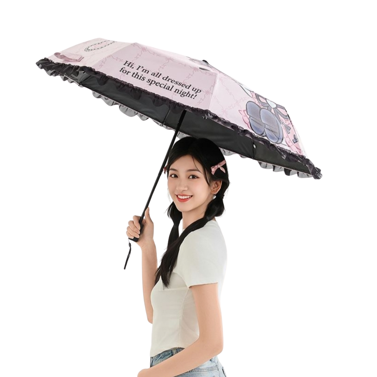 Sanrio My Melody Kawaii  Telescopic Lace Trim – 3 Fold 21” Compact UV Protection Sun & Rain Umbrella 8 Fiberglass Ribs & Pinch-Free Safety Design