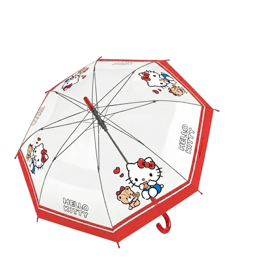 Sanrio Kawaii Cute Hello Kitty Stick Umbrella – Clear Transparent POE Canopy, Auto Open, 8-Rib, Wind Resistant. Pinch-Free Close,