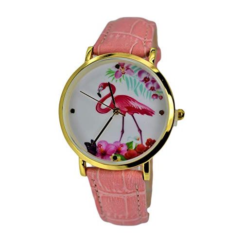 RRI Pink Flamingo Wrist Watch for Girls Women.Fashion Large Analog Dial.Leather Band