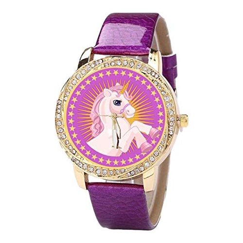 Purple Unicorn Gift Watch for Girls / Women. Gold-Tone Fashion Large Analog Display W/Crystals.